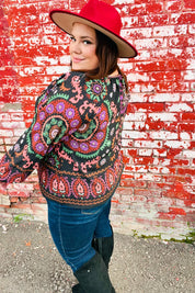 Take The Leap Black & Mauve Border Print Boho Tie Top | Daverri Fashions