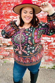 Take The Leap Black & Mauve Border Print Boho Tie Top | Daverri Fashions