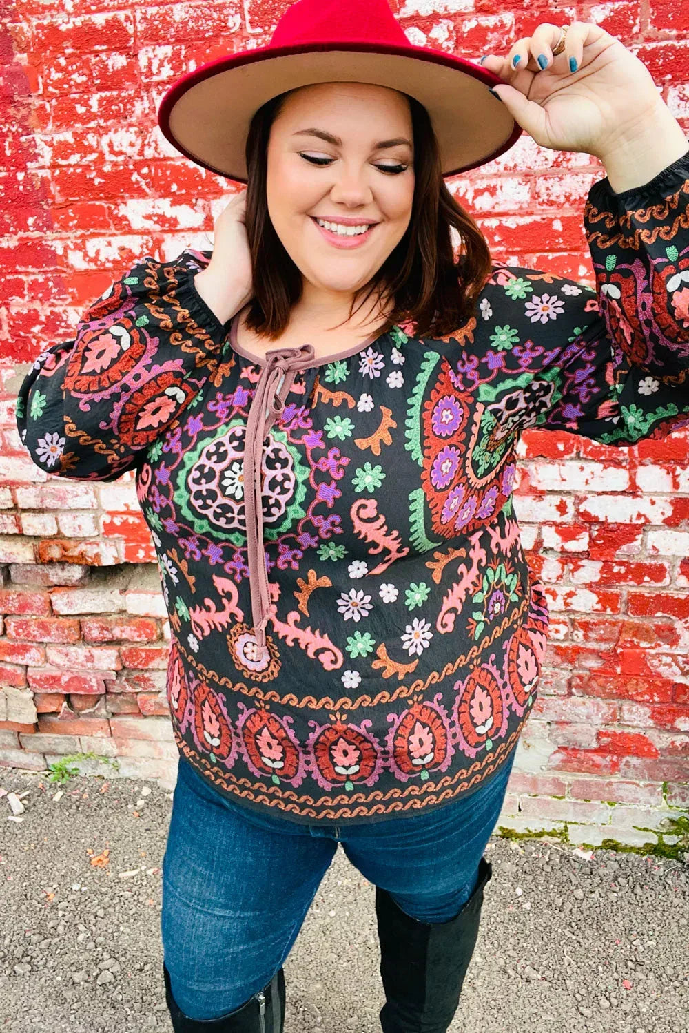 Take The Leap Black & Mauve Border Print Boho Tie Top - DAVERRI FASHIONS