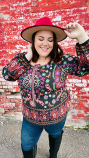 Take The Leap Black & Mauve Border Print Boho Tie Top | Daverri Fashions