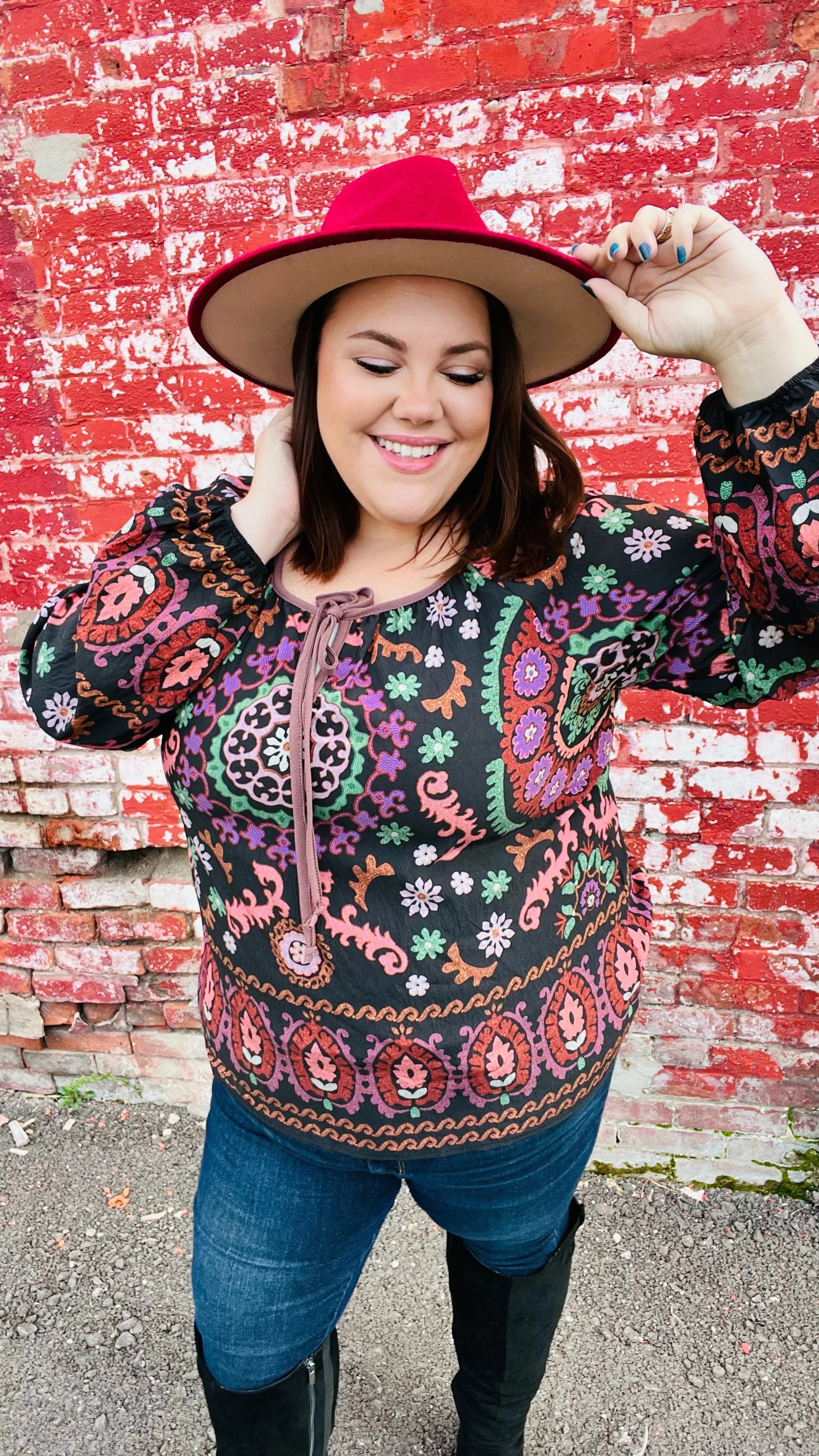 Take The Leap Black & Mauve Border Print Boho Tie Top | Daverri Fashions