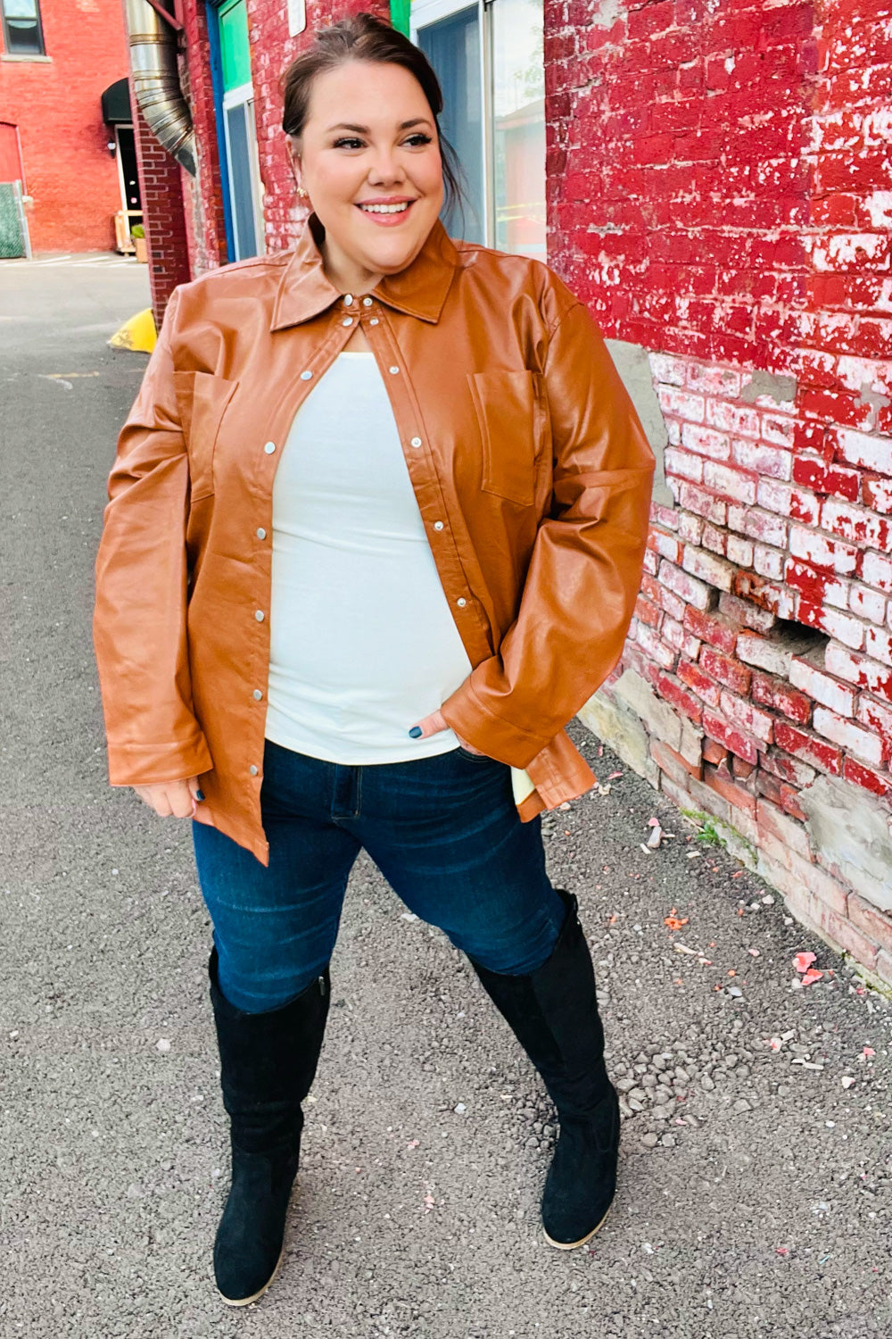 Tan Open Your Heart Rust Vegan Leather Snap Button Shacket Jacket