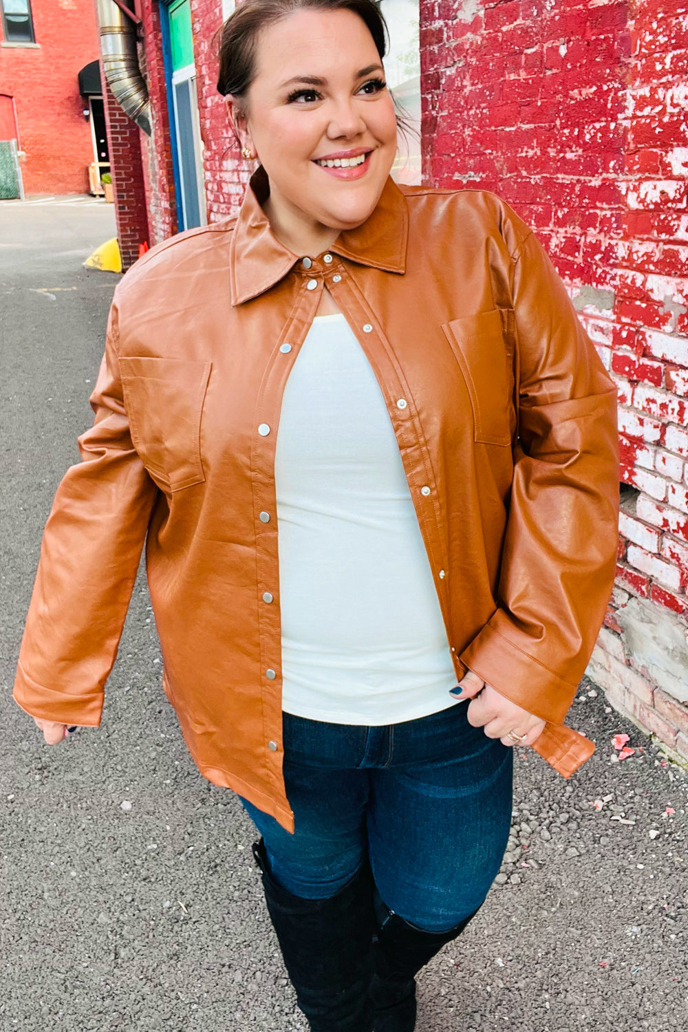 Caramel faux leather Open Your Heart Rust shacket with collar and pockets