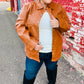 Tan Open Your Heart Rust vegan leather snap button shacket with collar and pockets