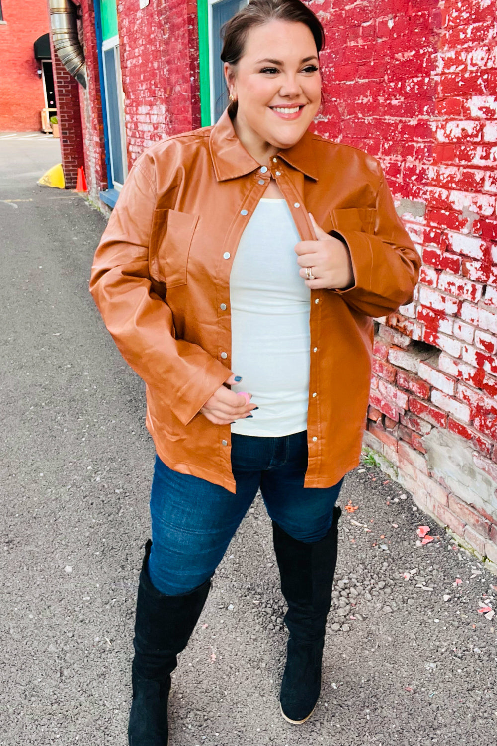 Tan Open Your Heart Rust vegan leather snap button shacket with collar and pockets