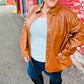 Tan Open Your Heart Rust Vegan Leather Snap Button Shacket with classic collar and pockets