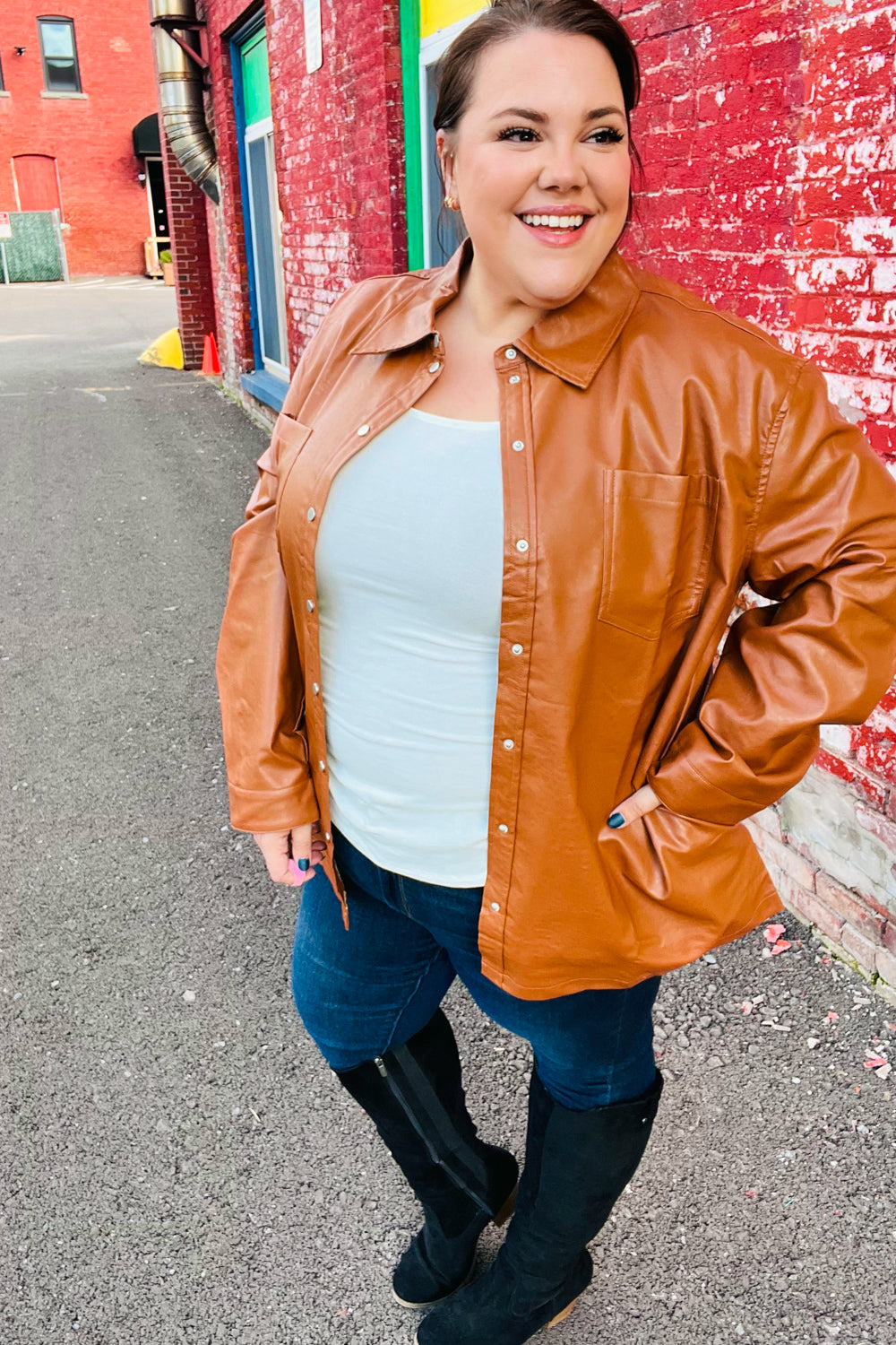 Tan Open Your Heart Rust Vegan Leather Snap Button Shacket with classic collar and pockets