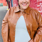 Tan Open Your Heart Rust vegan leather snap button shacket with classic collar and pockets