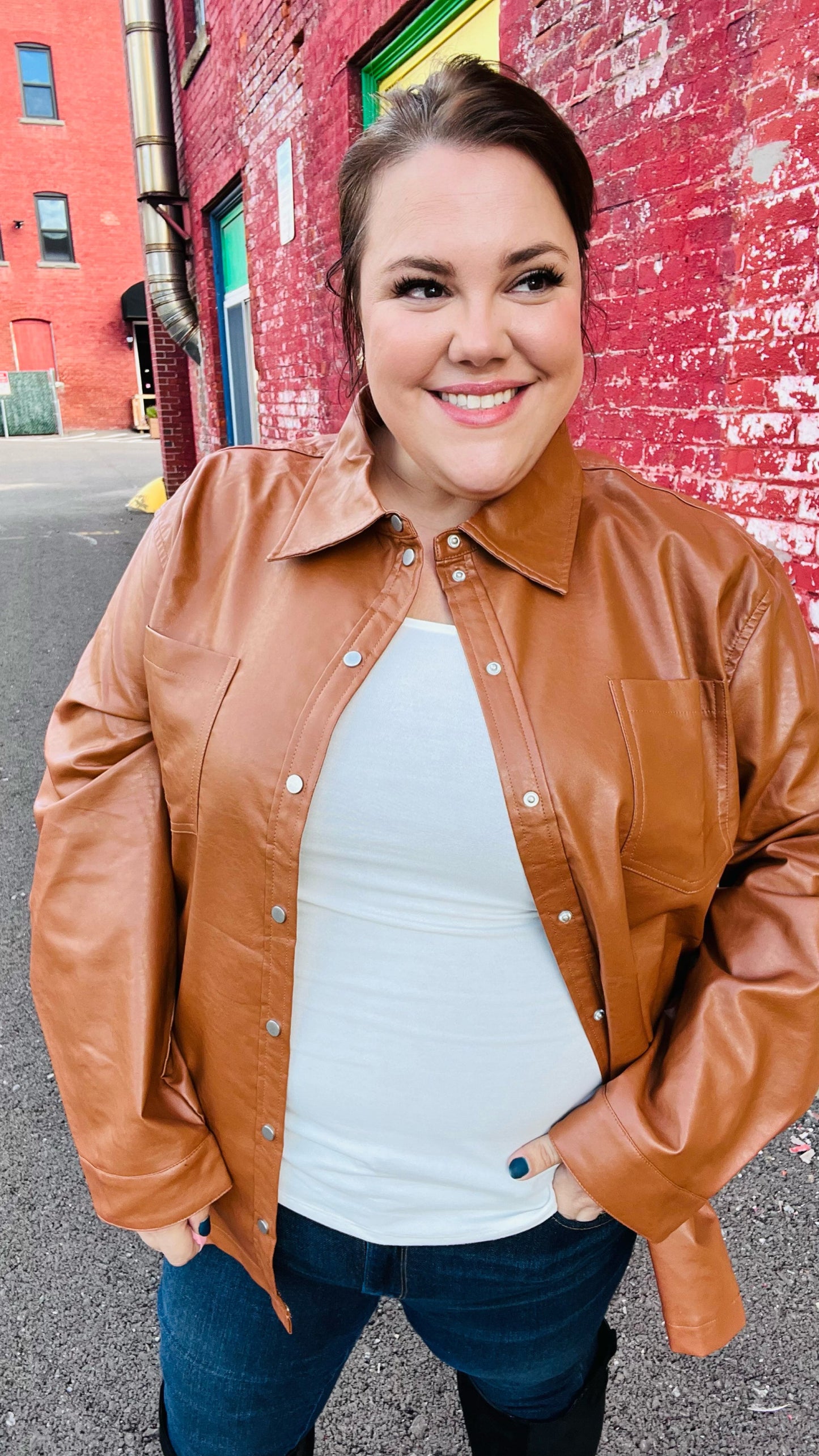 Tan Open Your Heart Rust vegan leather snap button shacket with classic collar and pockets