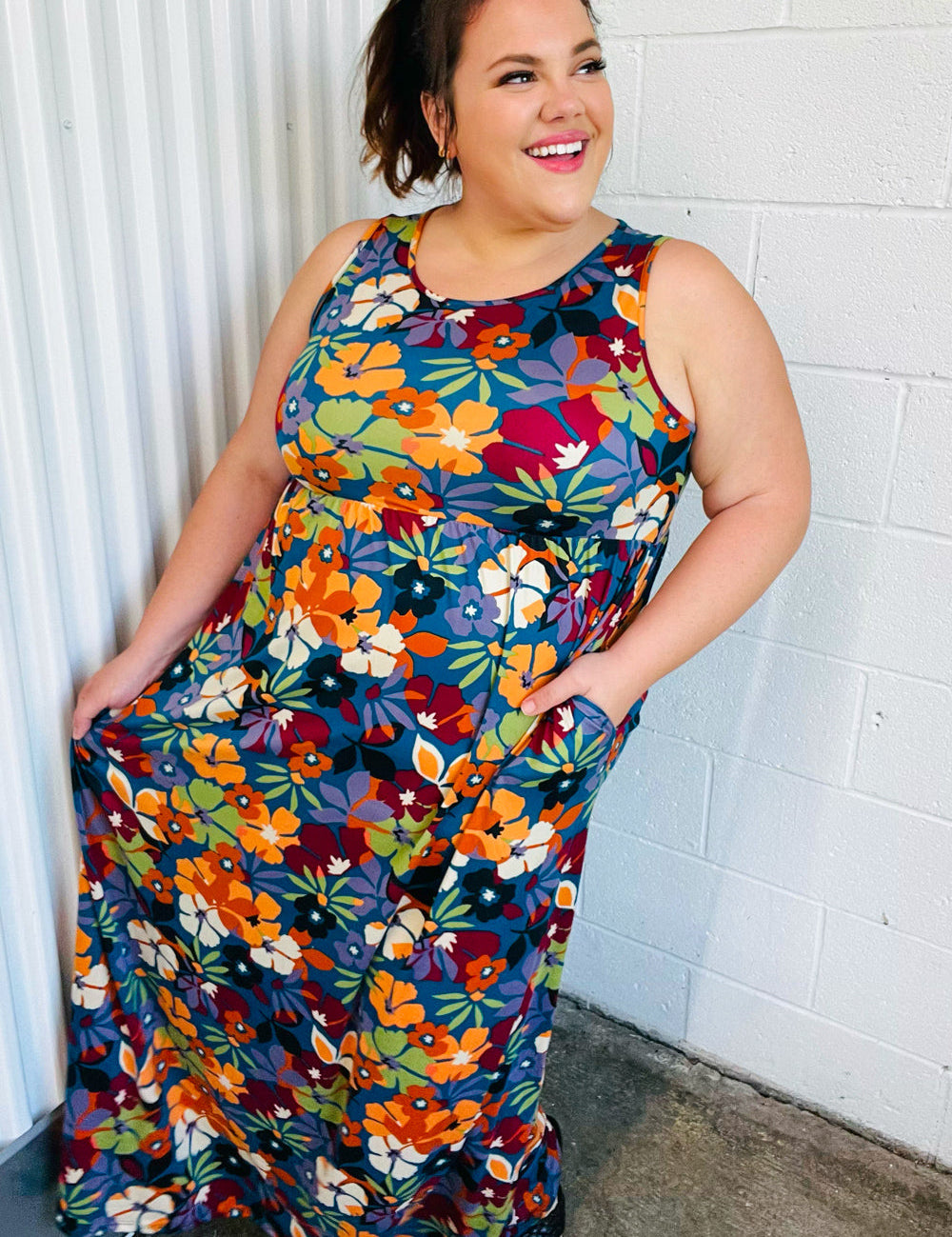 Teal & Maroon Flat Floral Fit and Flare Sleeveless Maxi Dress | Daverri Fashions