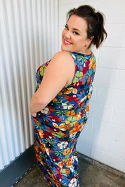 Teal & Maroon Flat Floral Fit and Flare Sleeveless Maxi Dress | Daverri Fashions