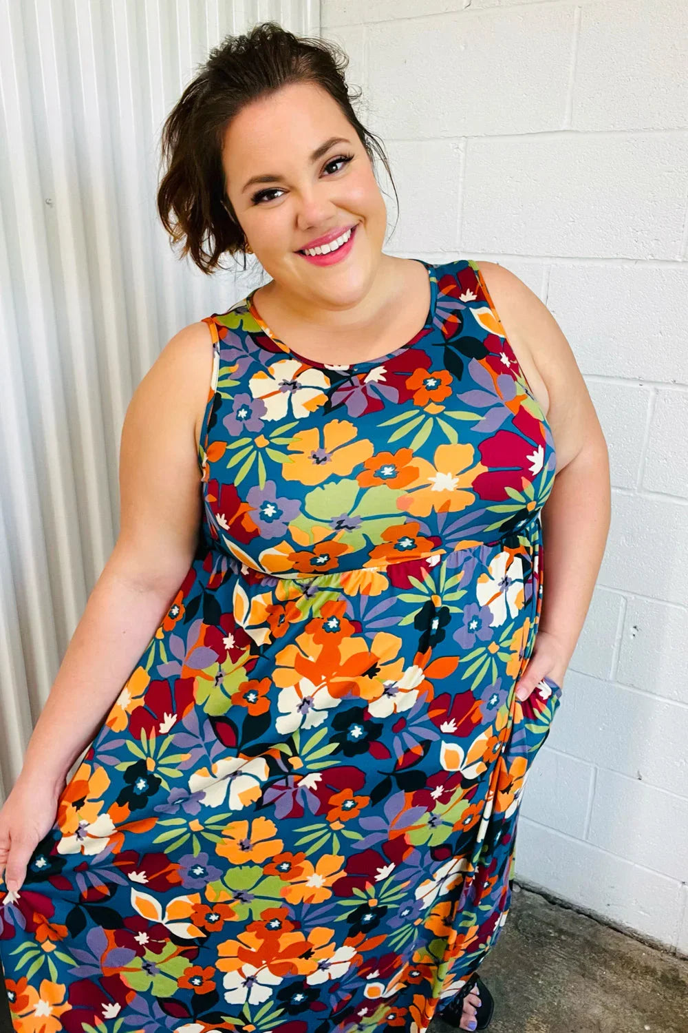 Teal & Maroon Flat Floral Fit and Flare Sleeveless Maxi Dress | Daverri Fashions