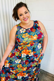 Teal & Maroon Flat Floral Fit and Flare Sleeveless Maxi Dress | Daverri Fashions