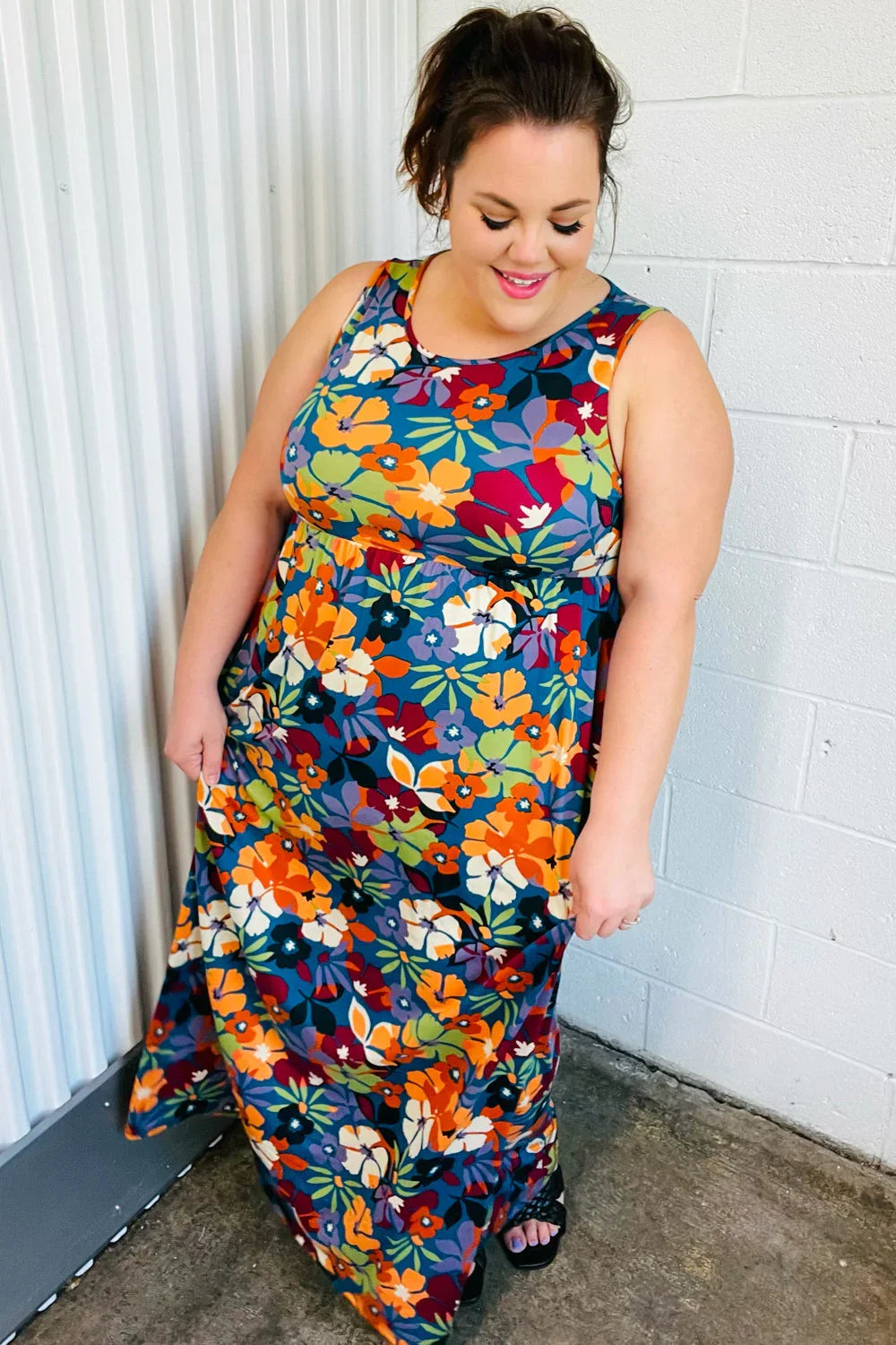 Teal & Maroon Flat Floral Fit and Flare Sleeveless Maxi Dress | Daverri Fashions