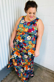 Teal & Maroon Flat Floral Fit and Flare Sleeveless Maxi Dress | Daverri Fashions