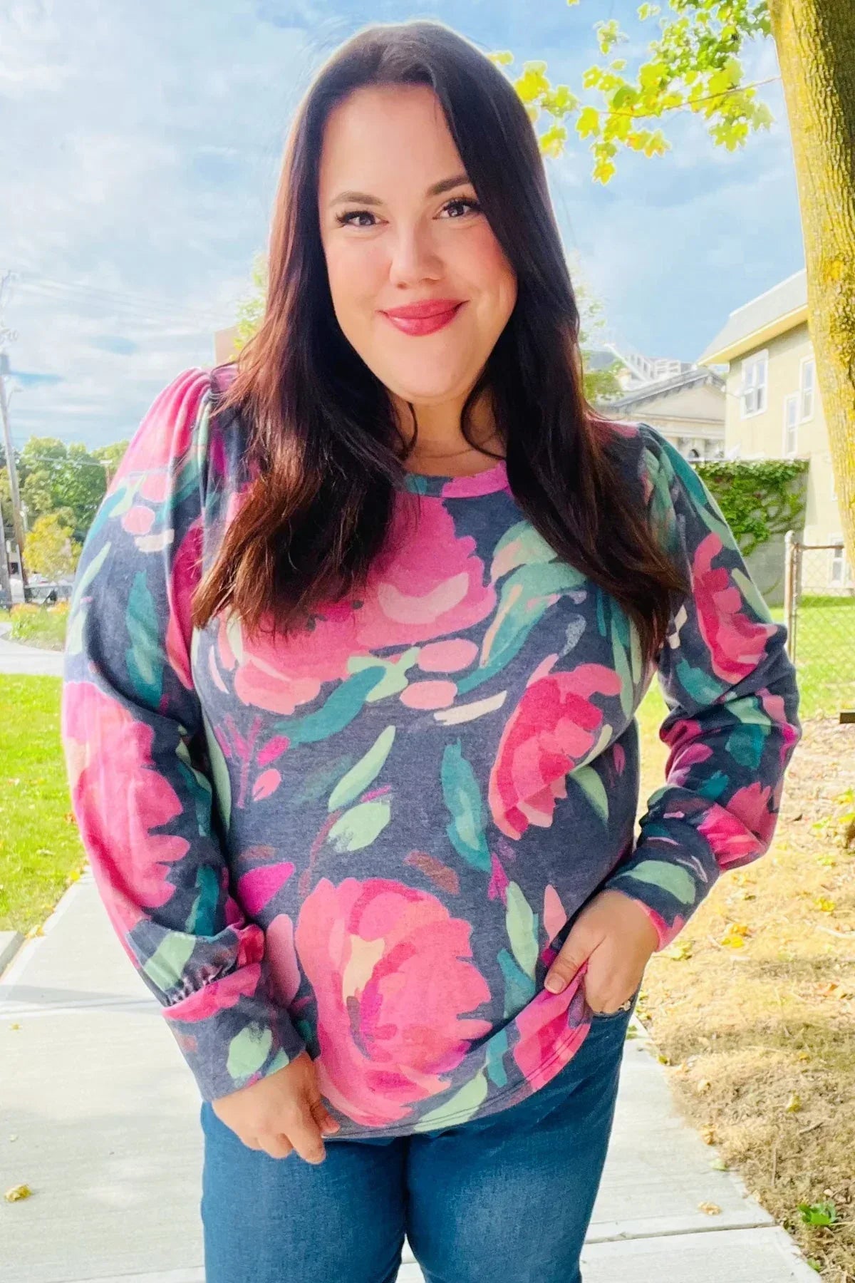 On My Heart Navy Floral Brushed Hacci Sweater Top - DAVERRI FASHIONS