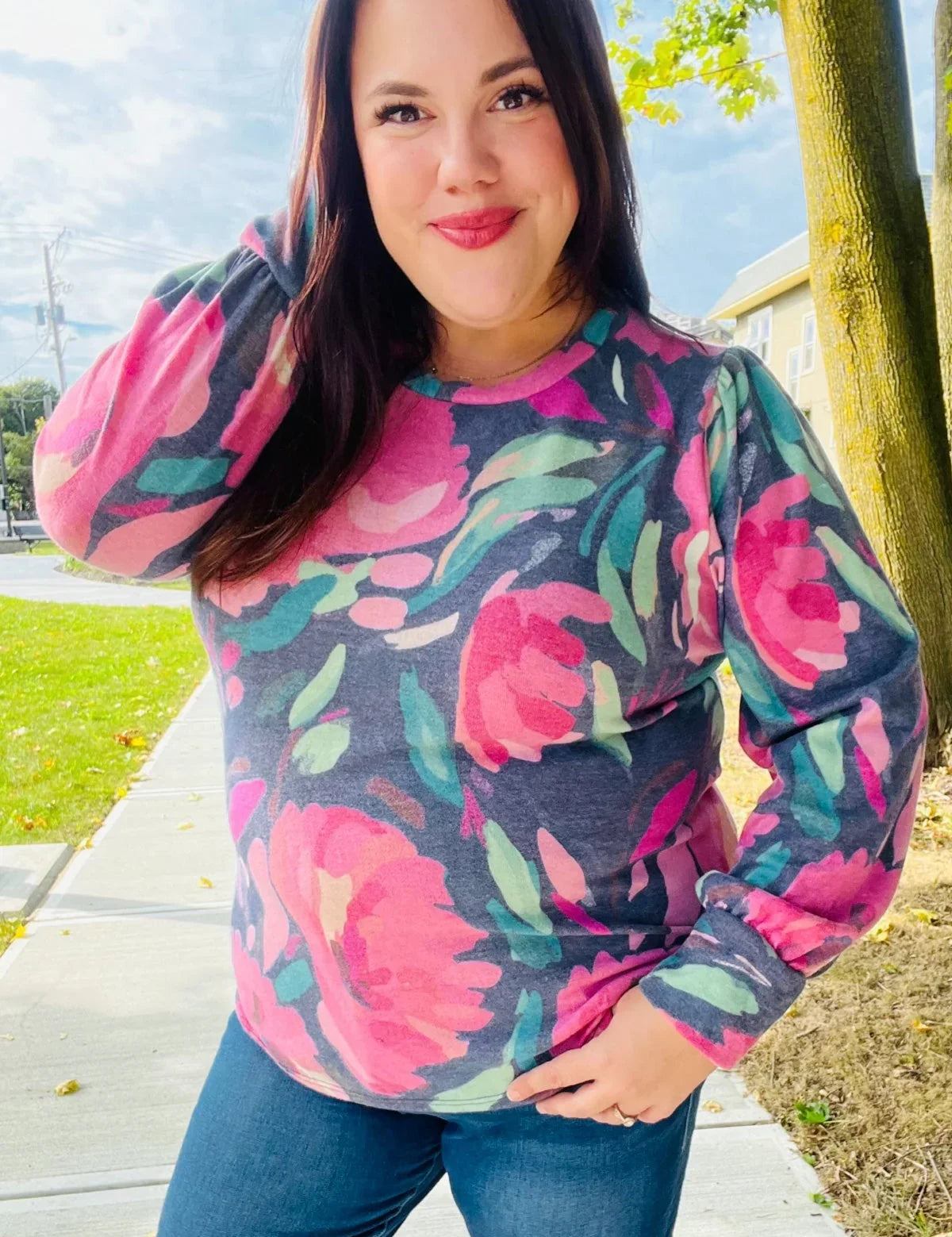 On My Heart Navy Floral Brushed Hacci Sweater Top | Daverri Fashions