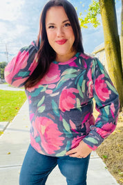On My Heart Navy Floral Brushed Hacci Sweater Top | Daverri Fashions
