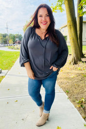 Versatile Charcoal Front Tie Modal Knit Peasant Top | Daverri Fashions