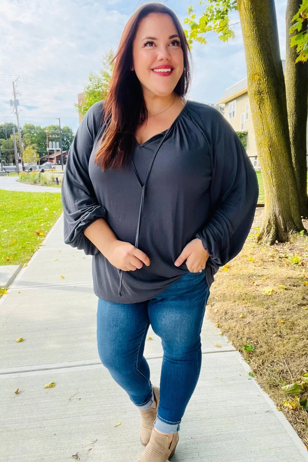 Versatile Charcoal Front Tie Modal Knit Peasant Top | Daverri Fashions