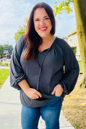 Versatile Charcoal Front Tie Modal Knit Peasant Top | Daverri Fashions