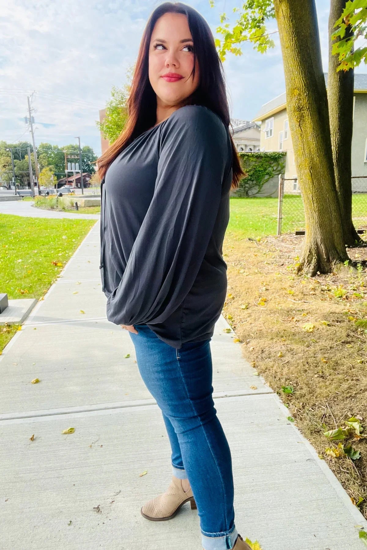 Versatile Charcoal Front Tie Modal Knit Peasant Top | Daverri Fashions