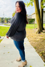 Versatile Charcoal Front Tie Modal Knit Peasant Top | Daverri Fashions