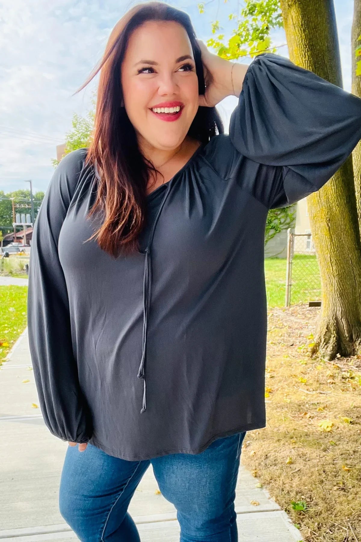 Versatile Charcoal Front Tie Modal Knit Peasant Top | Daverri Fashions