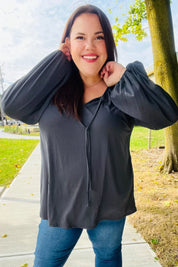 Versatile Charcoal Front Tie Modal Knit Peasant Top | Daverri Fashions