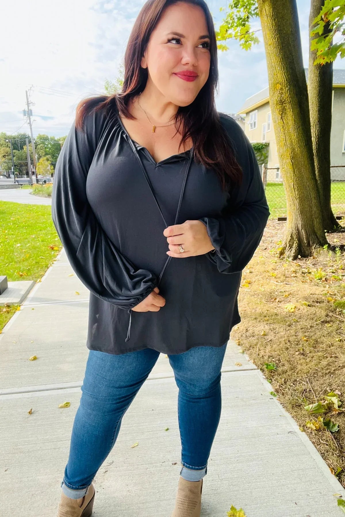 Versatile Charcoal Front Tie Modal Knit Peasant Top | Daverri Fashions