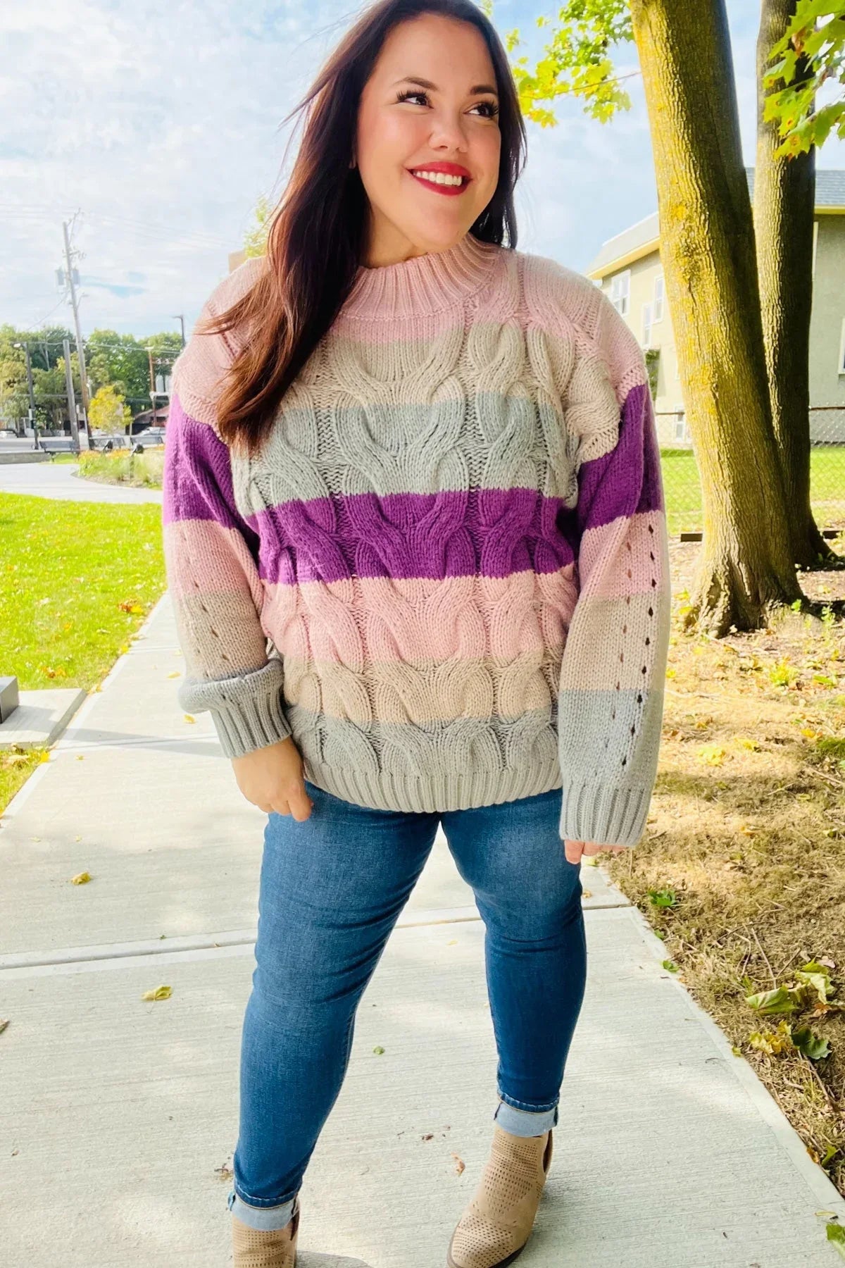 Fall For You Mauve Multicolor Stripe Cable Knit Mock Neck Sweater | 2024 Blow-Out Sale Daverri Fashions
