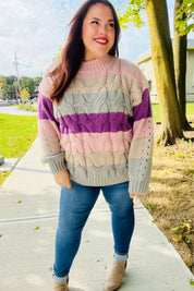 Fall For You Mauve Multicolor Stripe Cable Knit Mock Neck Sweater | 2024 Blow-Out Sale Daverri Fashions