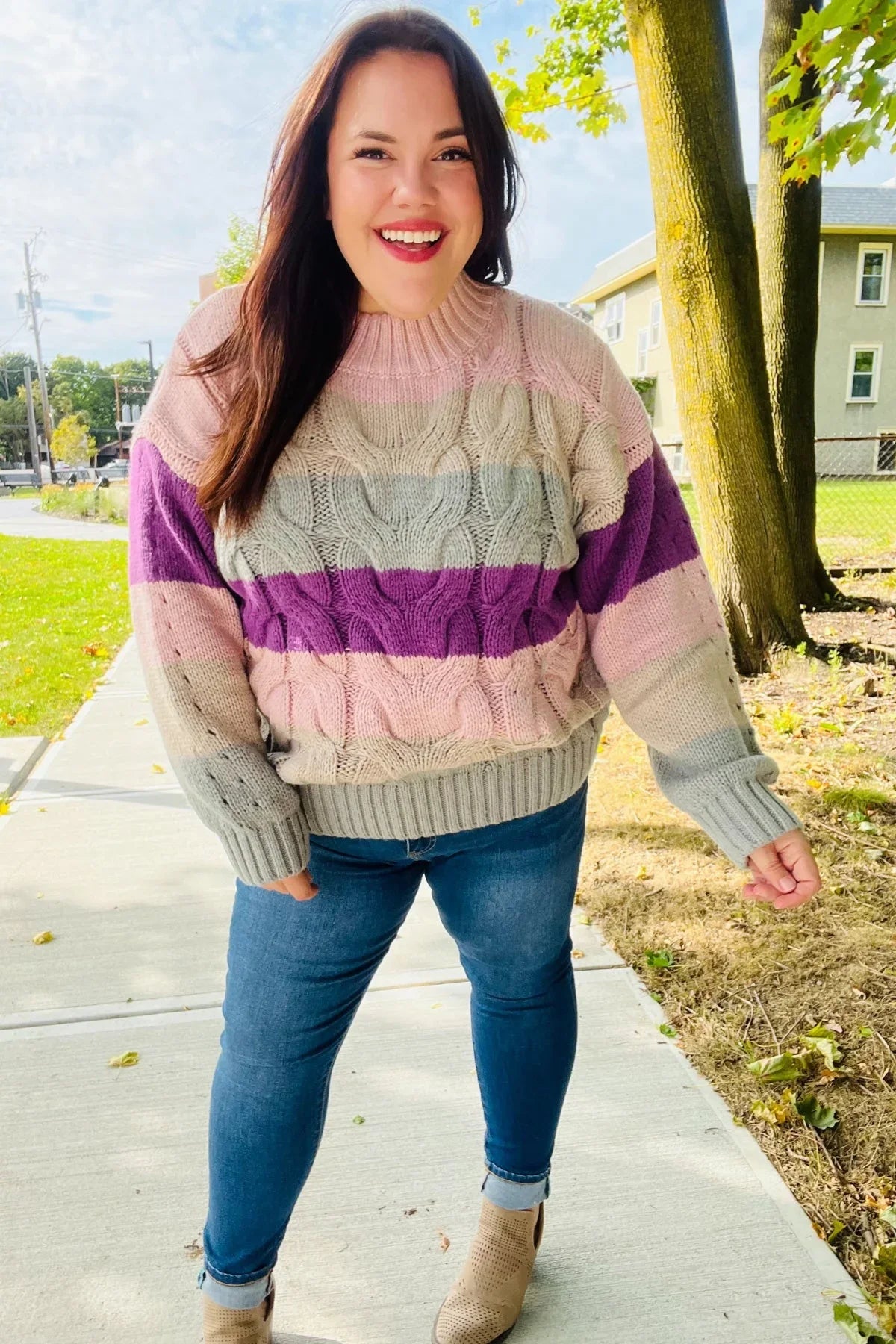 Fall For You Mauve Multicolor Stripe Cable Knit Mock Neck Sweater | 2024 Blow-Out Sale Daverri Fashions