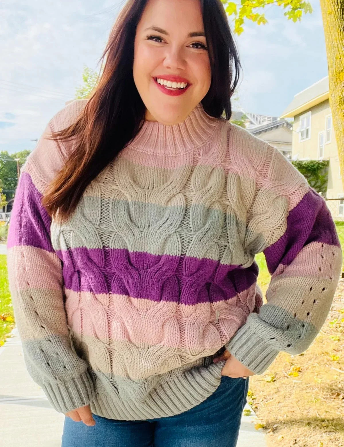 Fall For You Mauve Multicolor Stripe Cable Knit Mock Neck Sweater | 2024 Blow-Out Sale Daverri Fashions