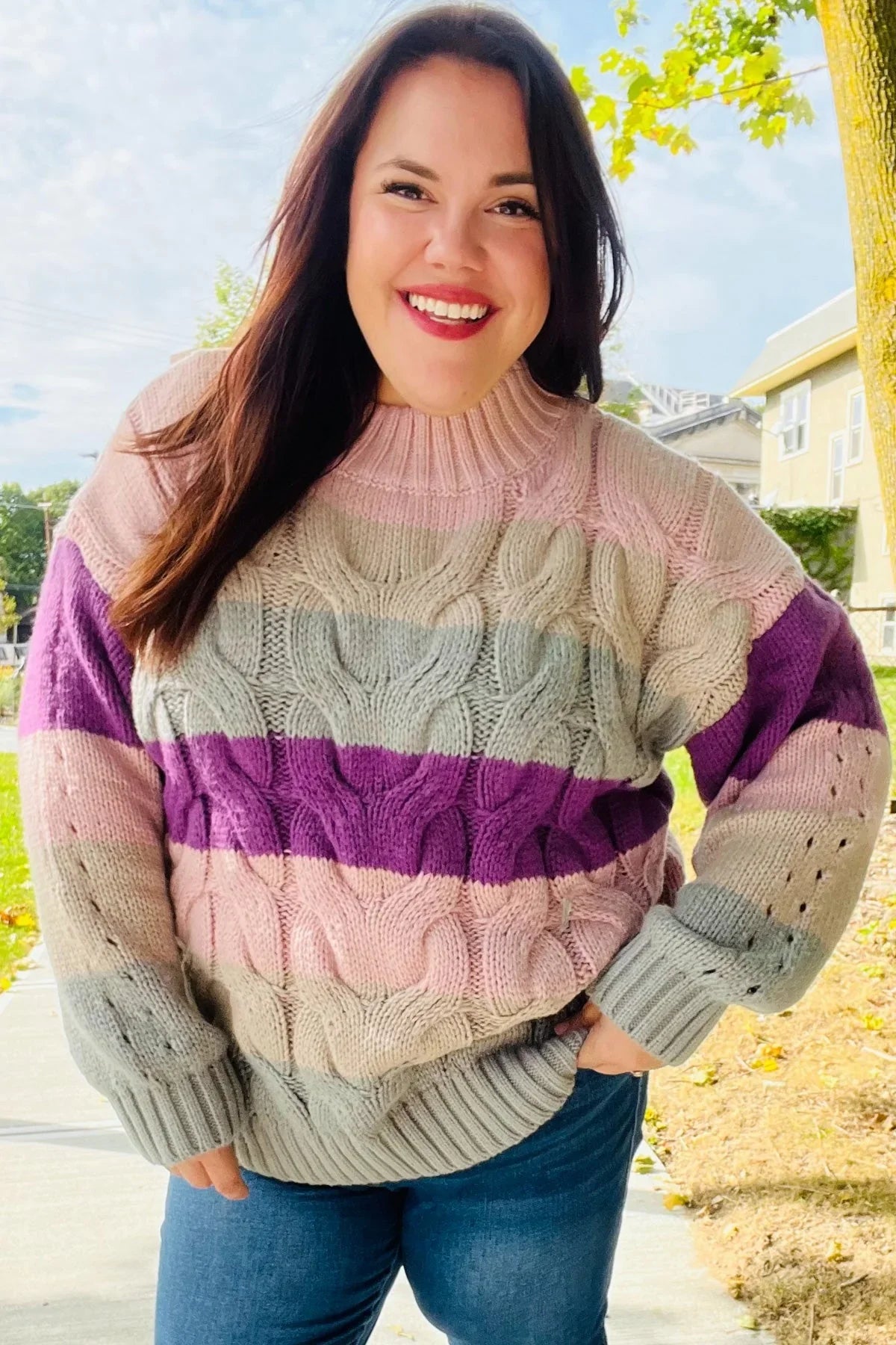 Fall For You Mauve Multicolor Stripe Cable Knit Mock Neck Sweater | 2024 Blow-Out Sale Daverri Fashions