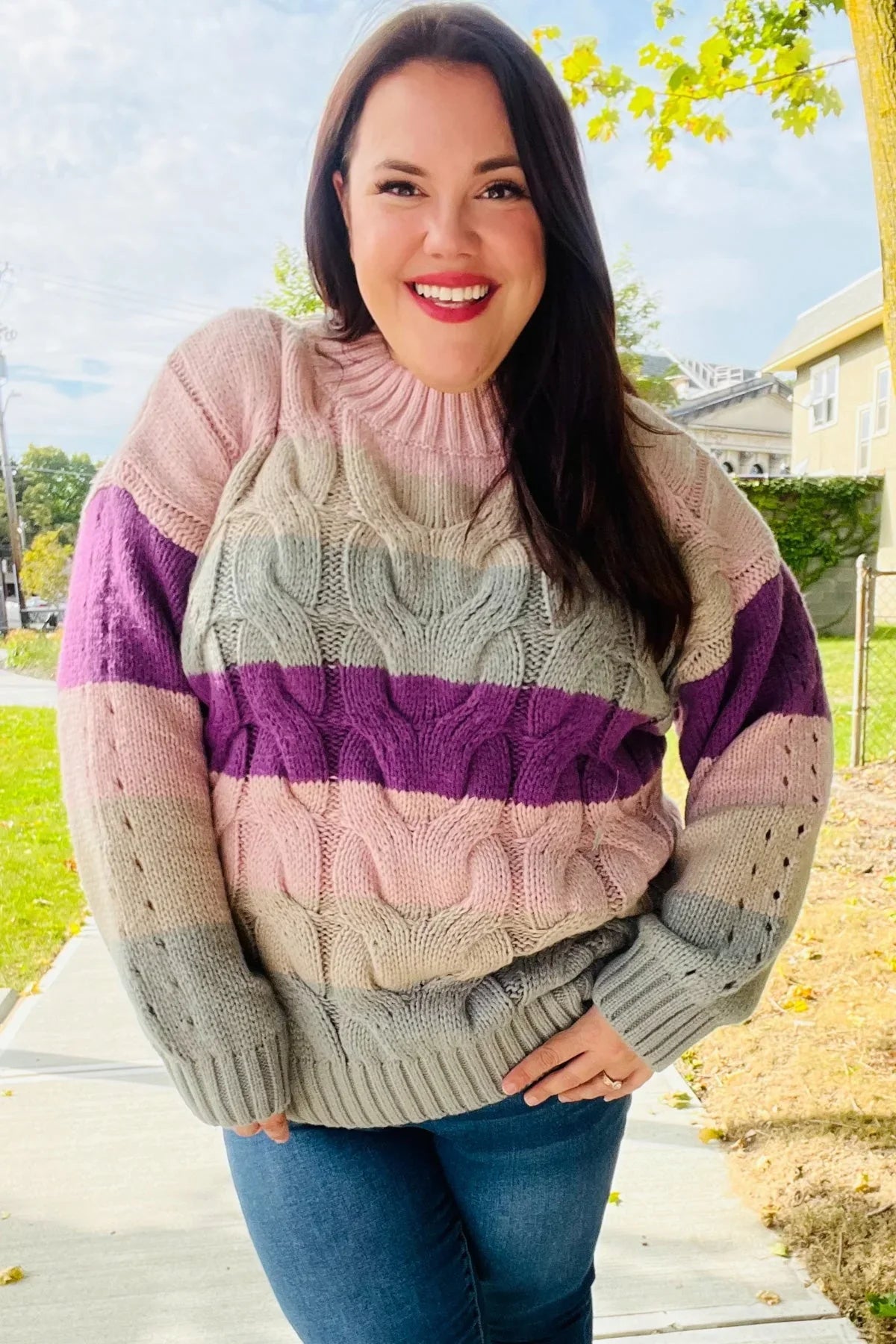 Fall For You Mauve Multicolor Stripe Cable Knit Mock Neck Sweater | 2024 Blow-Out Sale Daverri Fashions