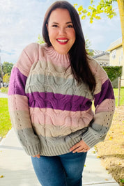 Fall For You Mauve Multicolor Stripe Cable Knit Mock Neck Sweater | 2024 Blow-Out Sale Daverri Fashions