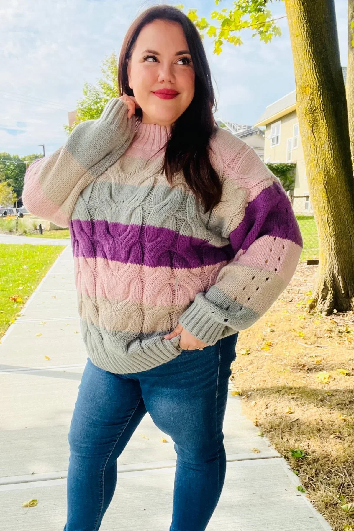 Fall For You Mauve Multicolor Stripe Cable Knit Mock Neck Sweater | 2024 Blow-Out Sale Daverri Fashions