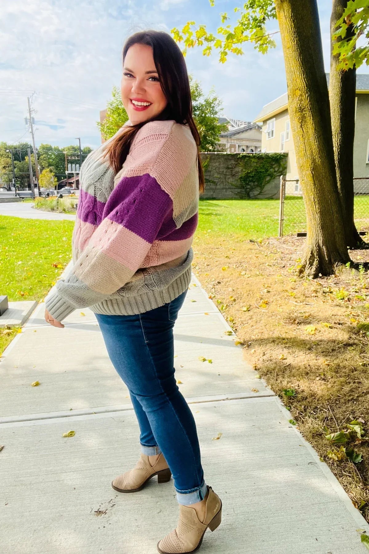 Fall For You Mauve Multicolor Stripe Cable Knit Mock Neck Sweater | 2024 Blow-Out Sale Daverri Fashions