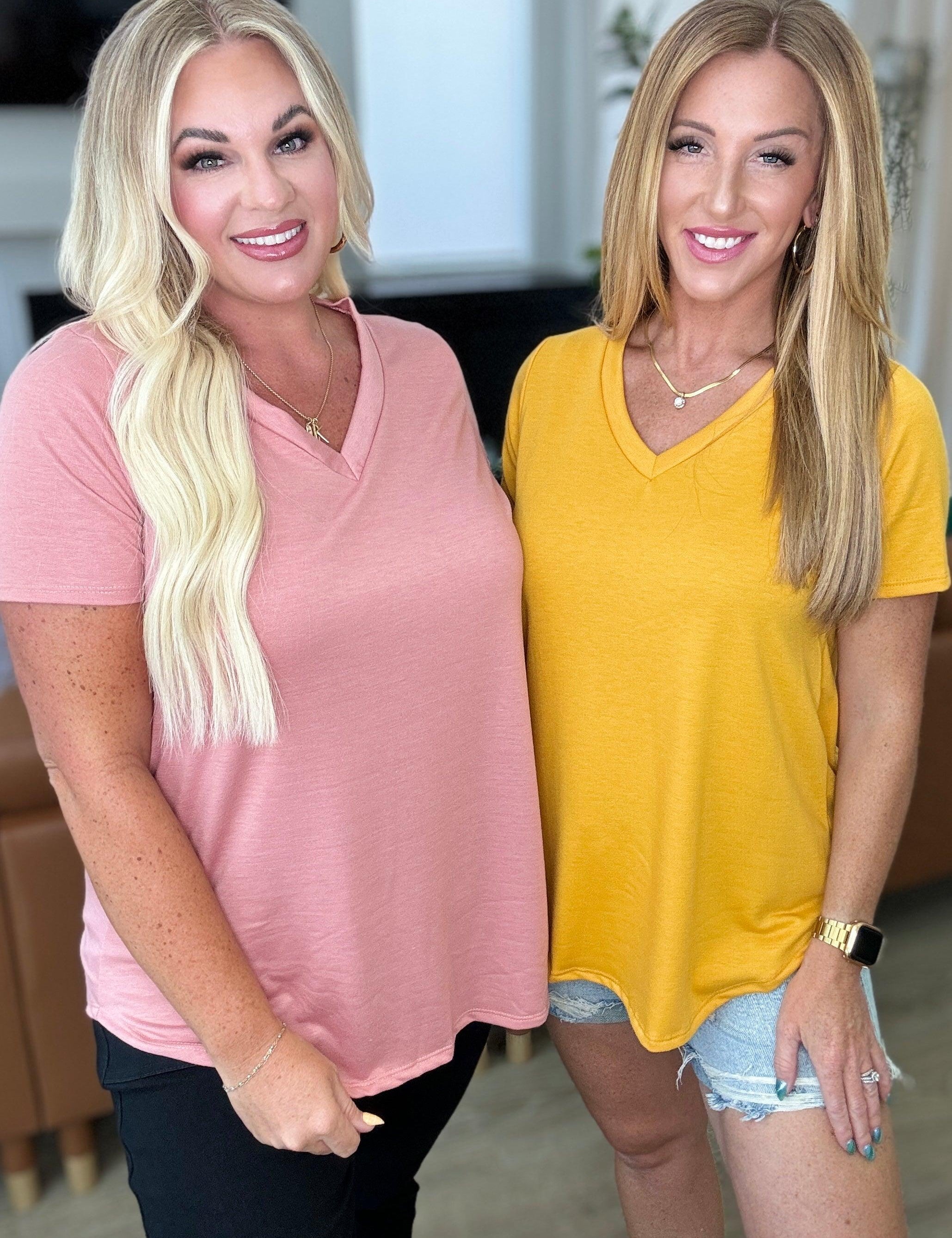 Mustard Scooped Hem V-Neck Top Shirts & Tops