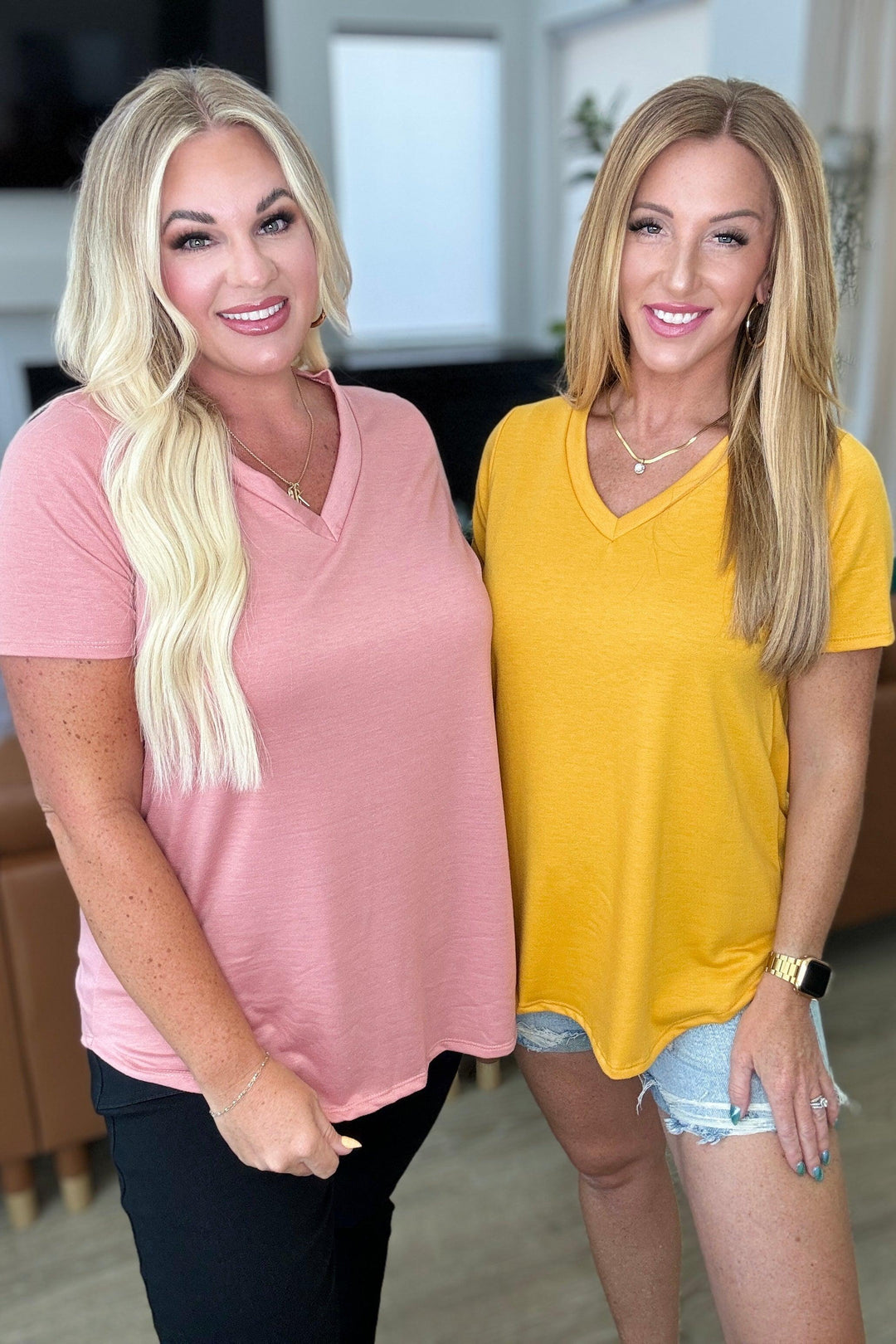 Mustard Scooped Hem V-Neck Top Shirts & Tops