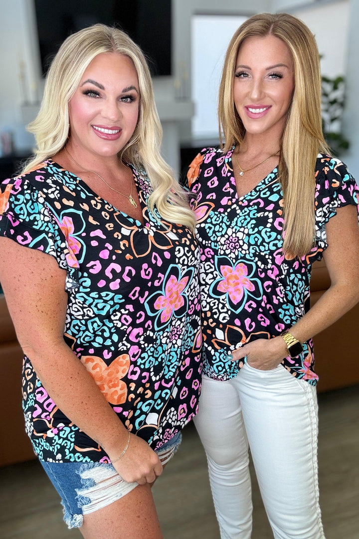 Black Floral Flutter Sleeve Top Tops