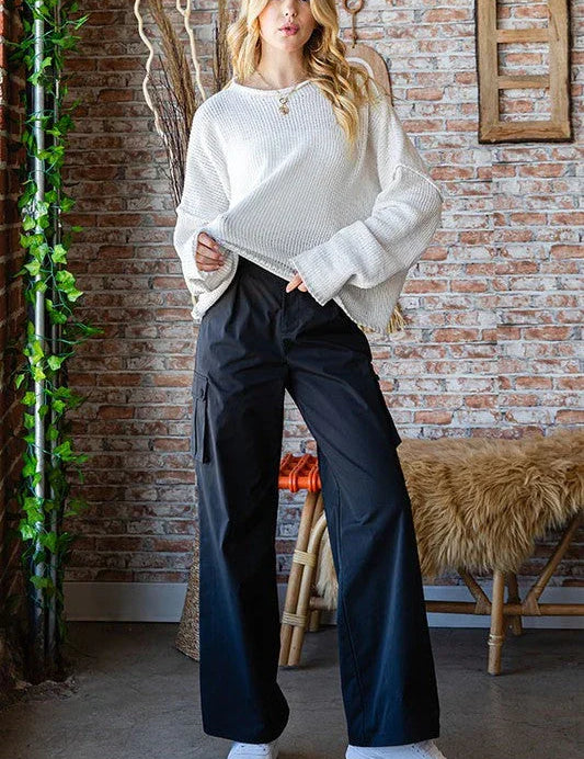 Busy Mornings Black Cargo Wide Leg Trousers | Daverri Fashions