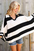 The Traveler Black/White Stripe Dolman Notch Neck Sweater Poncho - DAVERRI FASHIONS