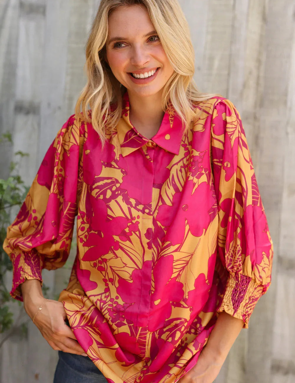 Elegant In Fuchsia Satin Button-Down Smock Long Sleeve Blouse | Daverri Fashions