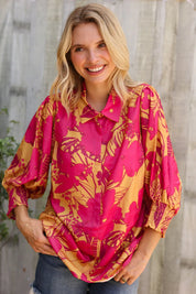 Elegant In Fuchsia Satin Button-Down Smock Long Sleeve Blouse | Daverri Fashions