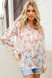 The Feminine Touch Chiffon Button-Down Floral Ruffle Sleeve Blouse | Daverri Fashions