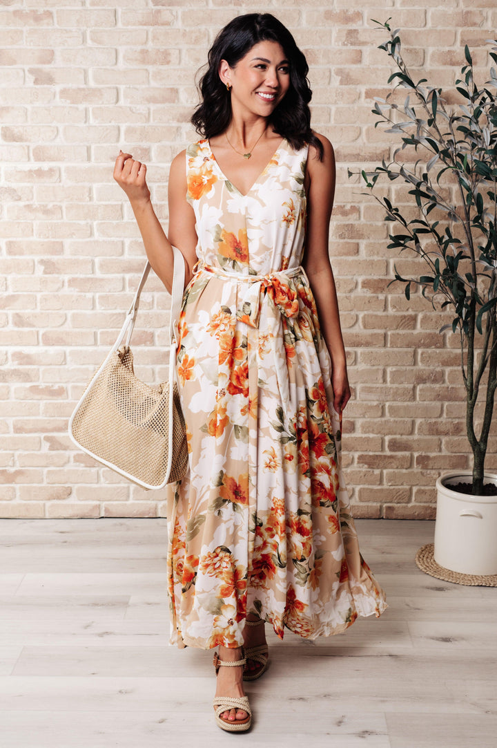 It's All Sunshine V-Neck Floral Dress in Orange Dresses