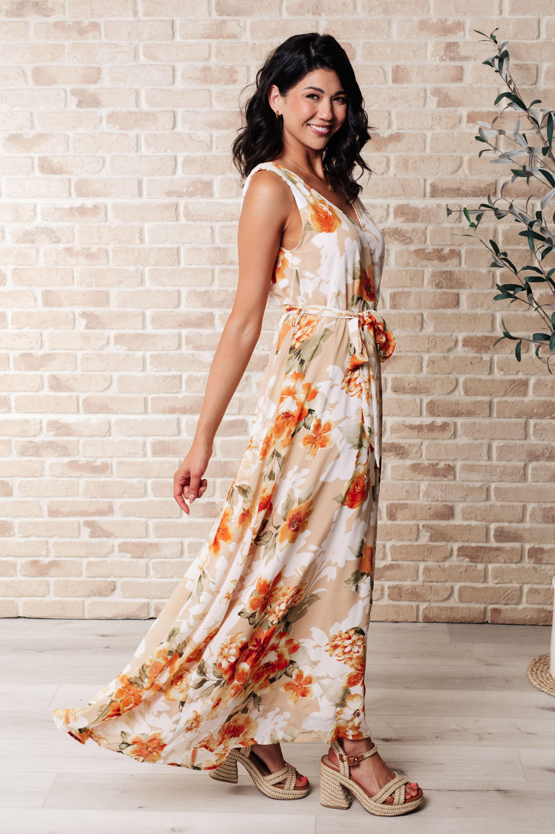 It's All Sunshine V-Neck Floral Dress in Orange Dresses