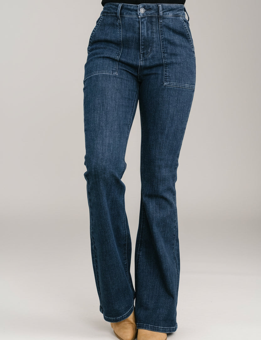 Jada High Waist Flare Denim Jeans with Patch Pockets